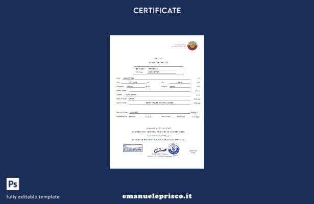modello di certificato di morte del Qatar in stile verificato in formato Word e 